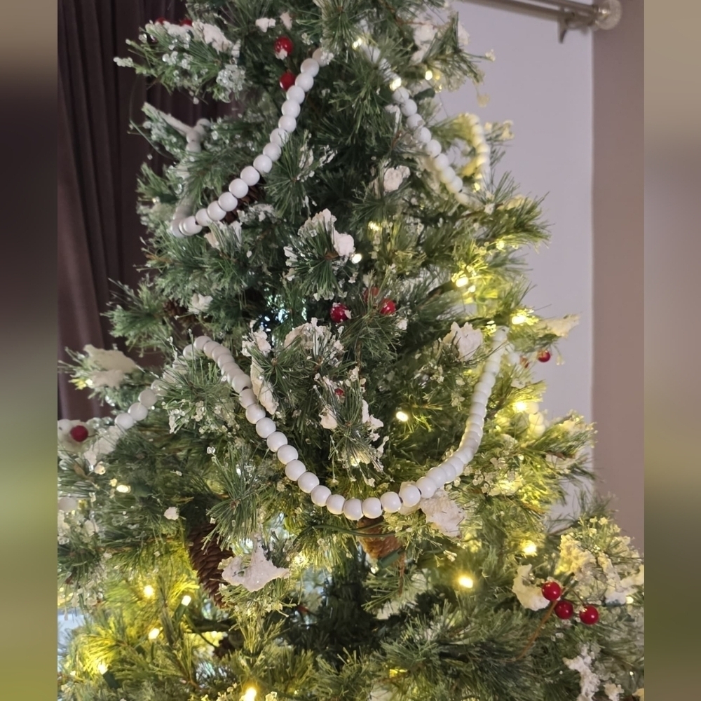 New Round 14mm Wood Bead Christmas Garland, White, 9 feet bundle of 3
